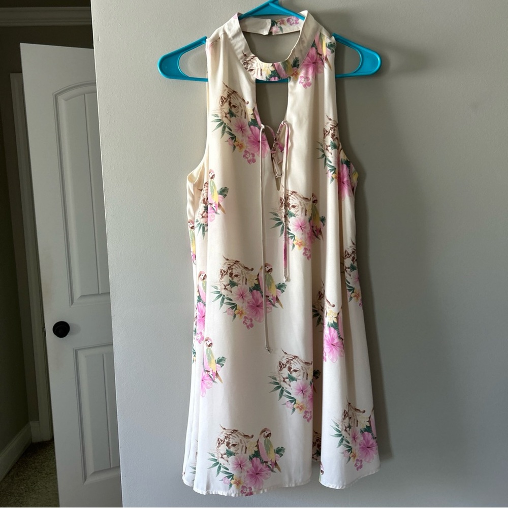 Peach Love California Cream Floral Tie-Neck Mini Dress NWOT